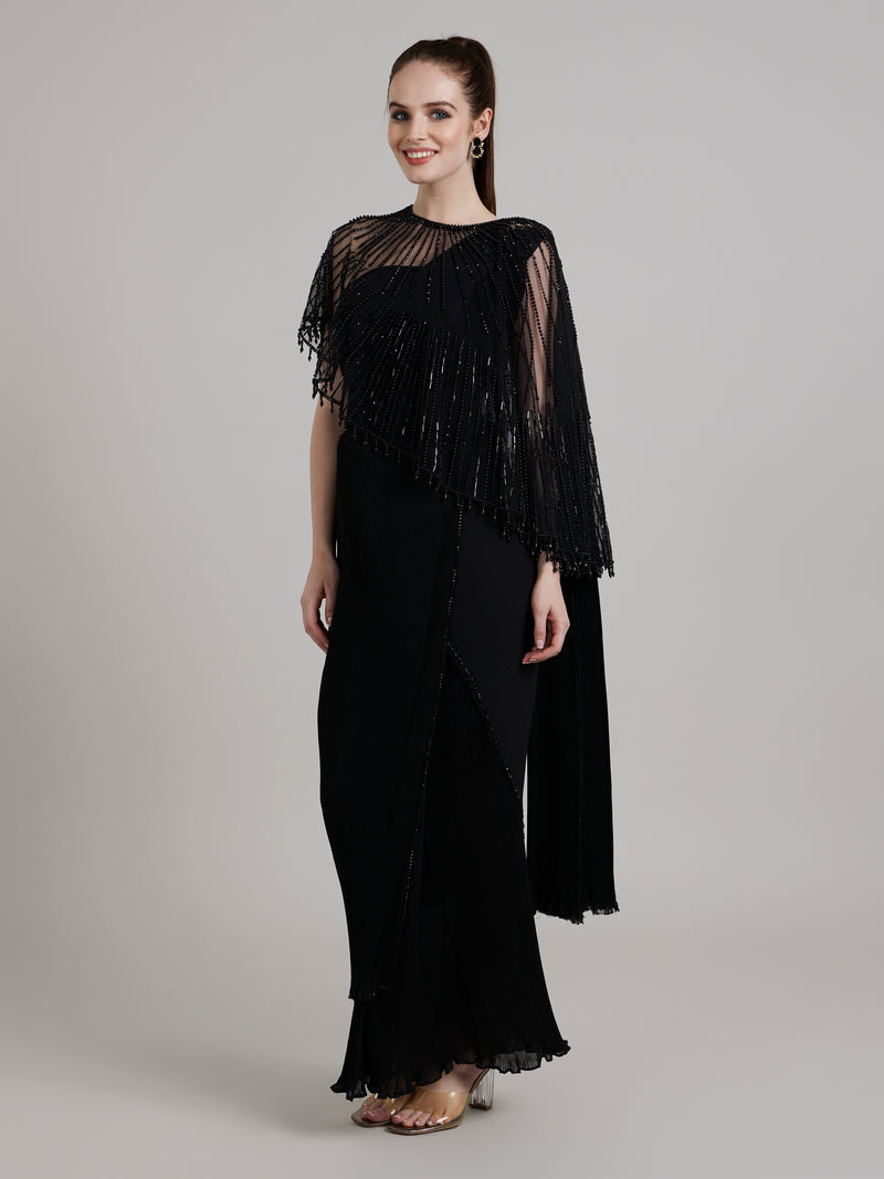 High Low Embroidered Black Cape