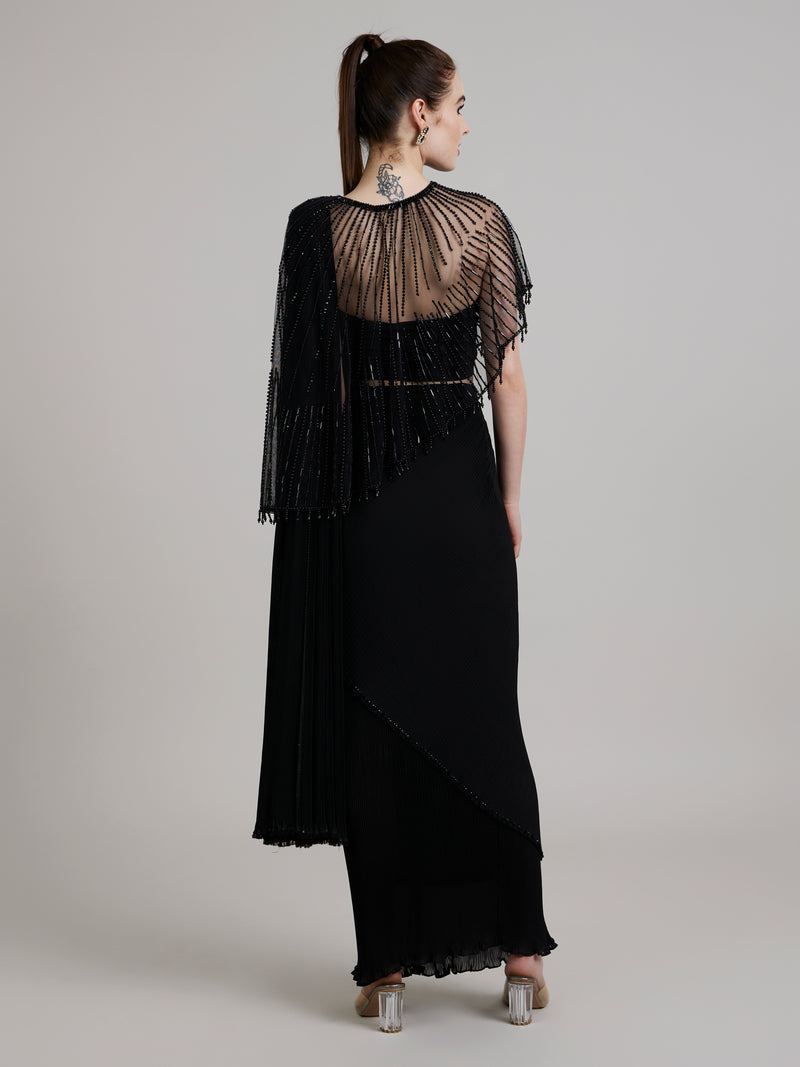High Low Embroidered Black Cape