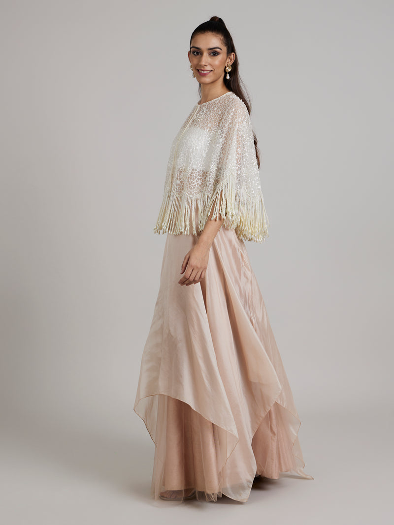Floral Embroidered Pearl Long Tassel Cape