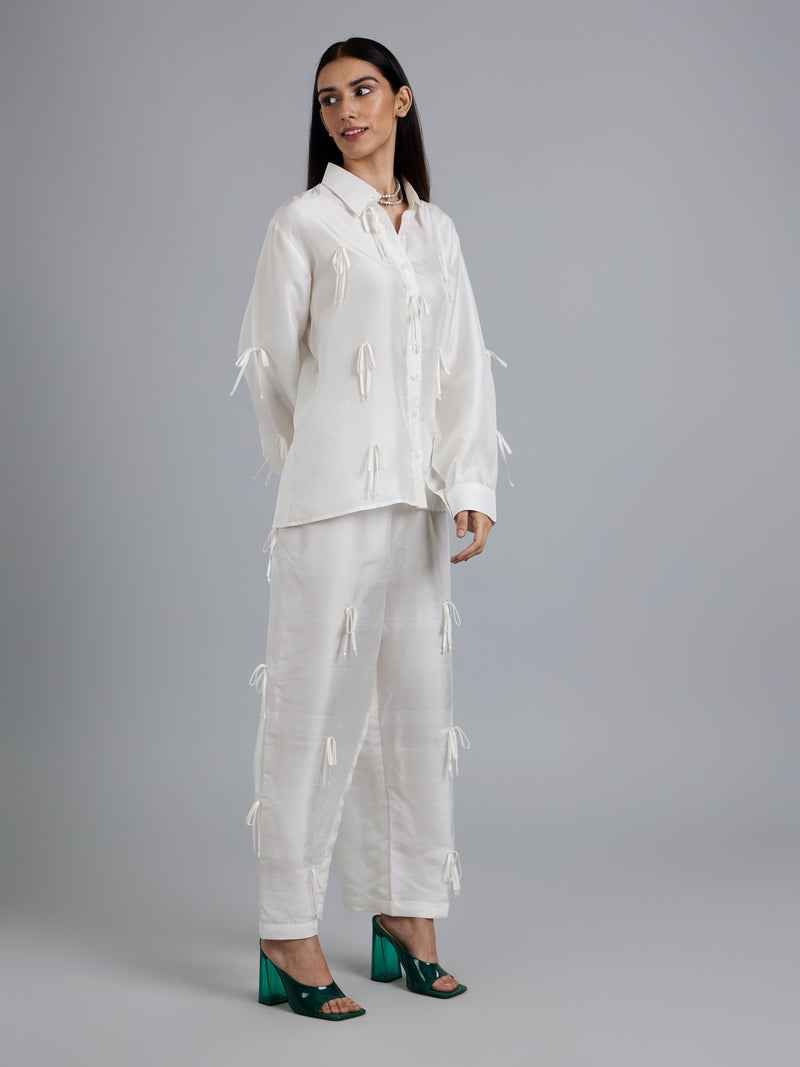 Bow Embroidered White Silk Set