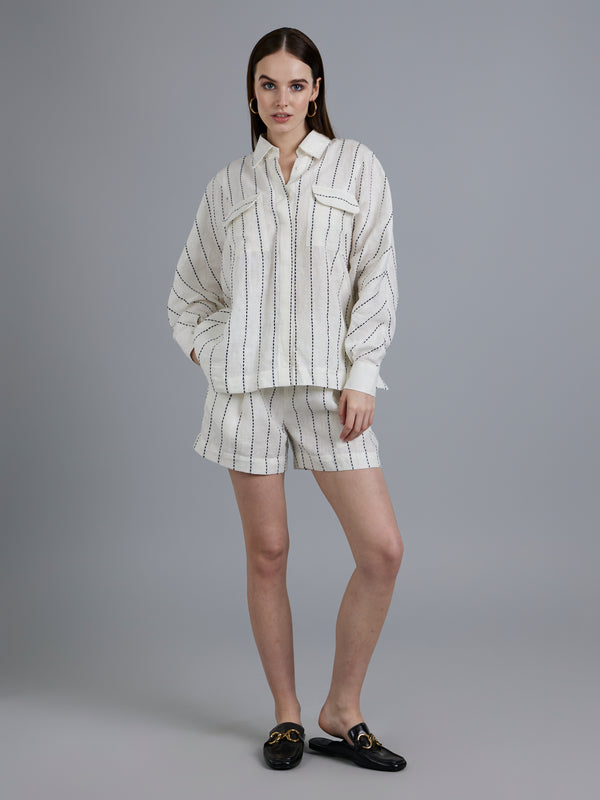 Black White Striped Linen Set With Box Shirt and Shorts