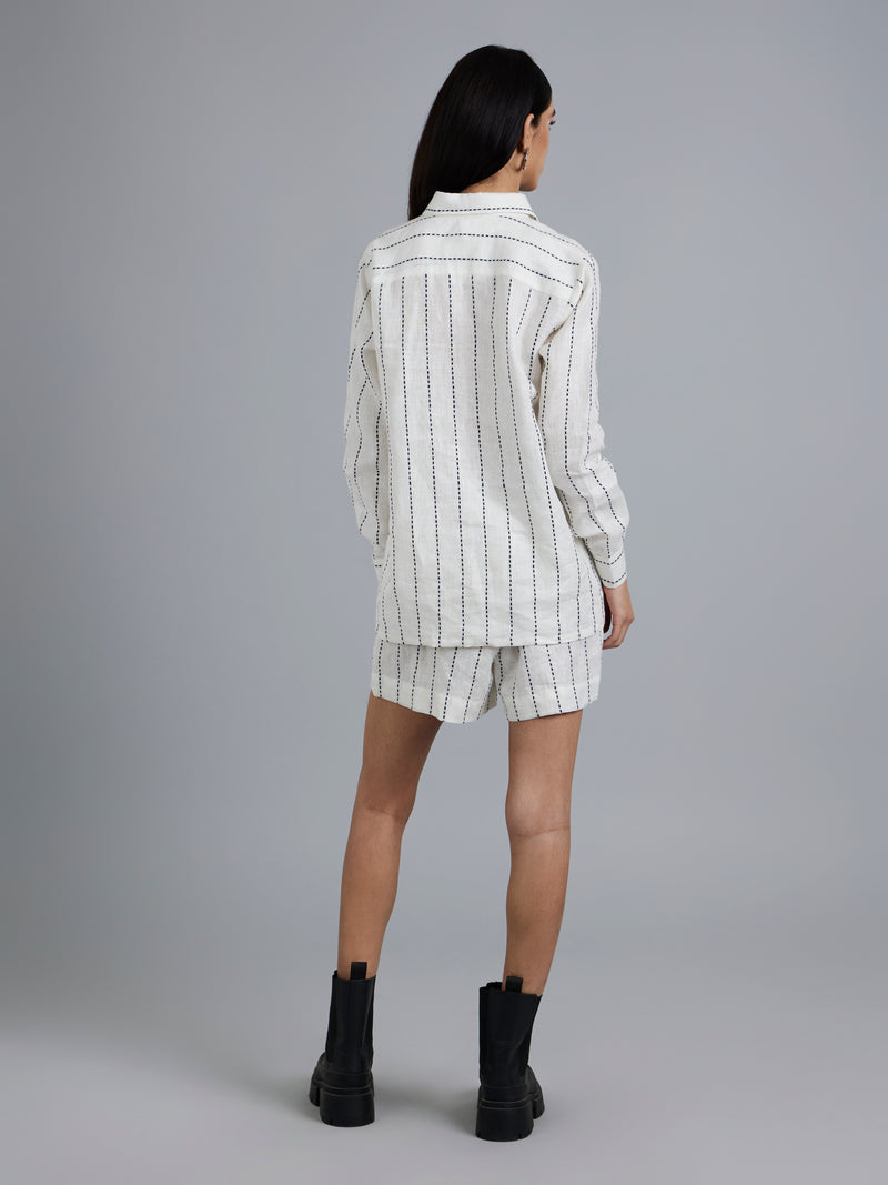Black White Striped Linen Shirt With Shorts