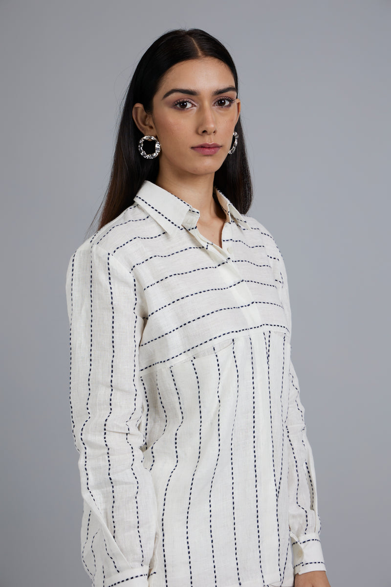 Black White Striped Linen Shirt With Shorts