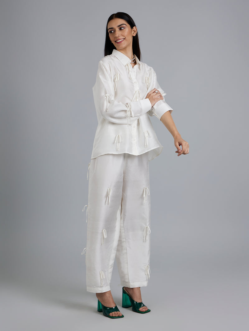Bow Embroidered White Silk Set