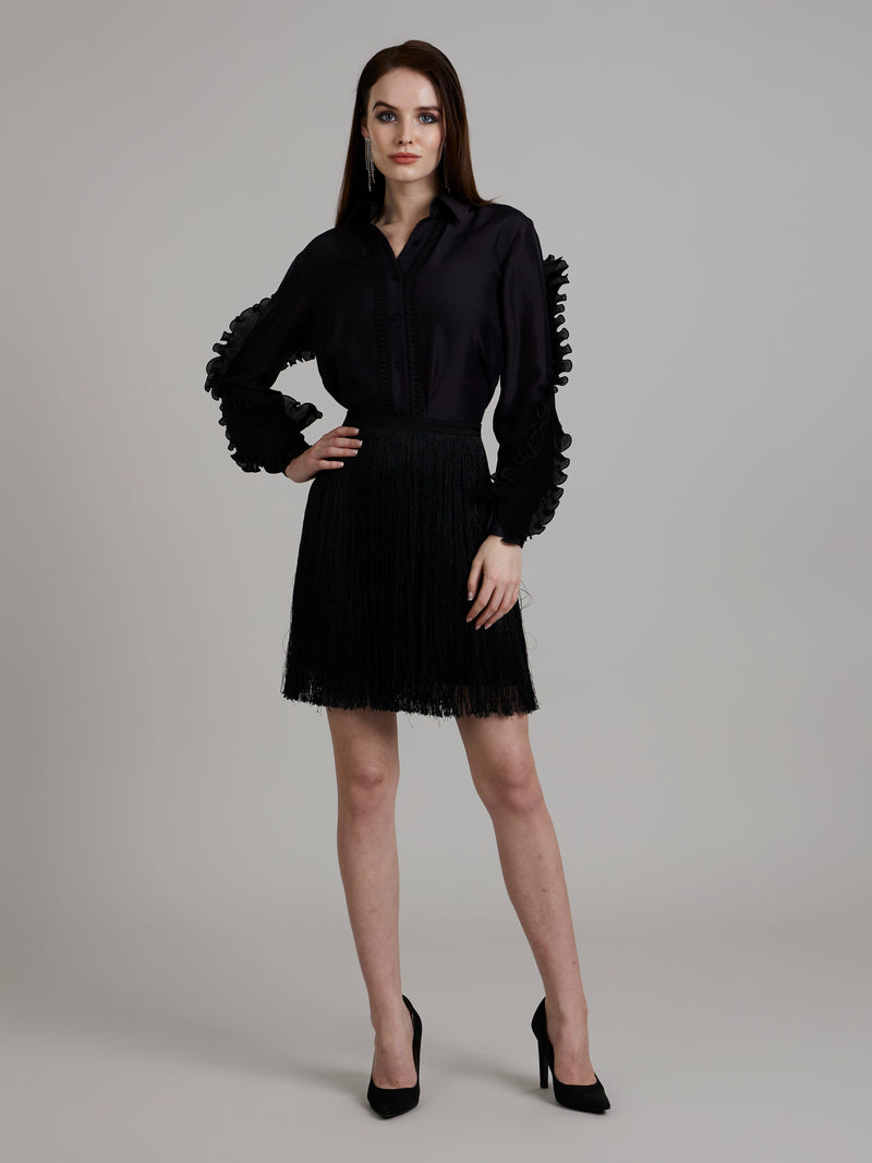 Micropleated Silk Shirt With Fringe Skirt (Sold Separately)