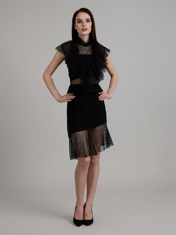 Mesh Net Pintuck Top Paired With Mesh Skirt (Sold Separately)