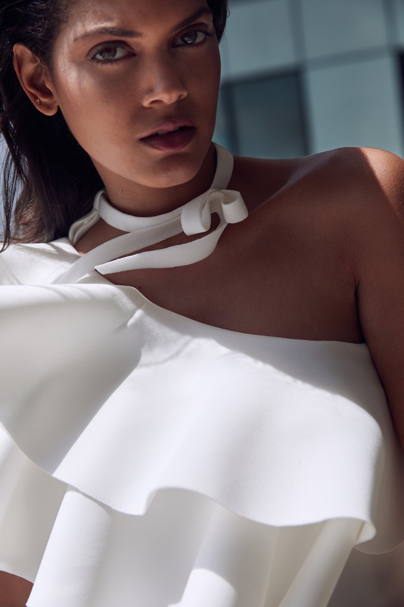 White one shoulder ruffle top best sale