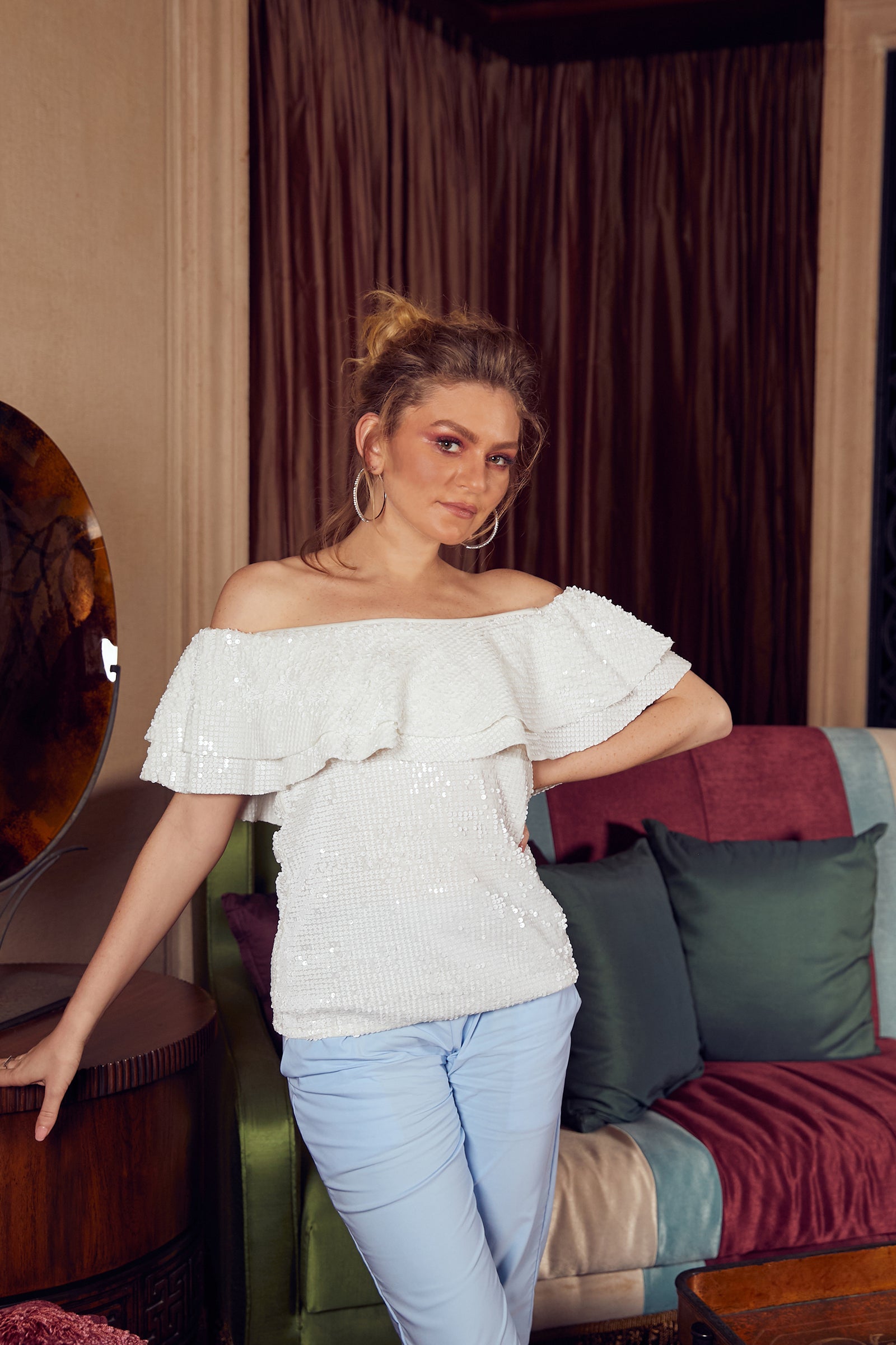 White sequin off the shoulder top 2025